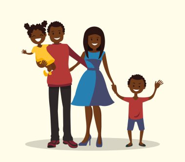 Baba, Anne, oğlu ve kızı. Afro-Amerikan ailesi. Düz bir tasarım vektör çizim.
