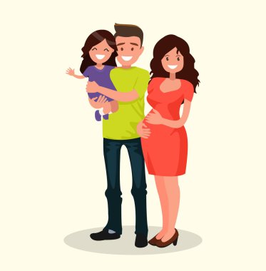 Baba, kızı ve hamile anne. Genç, mutlu bir aile portresi. Düz bir tasarım vektör çizim.