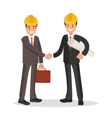 Müşteri ve müteahhit. El sıkışma erkekler iş elbisesi ve kask giymiş. Düz stil vektör çizim.