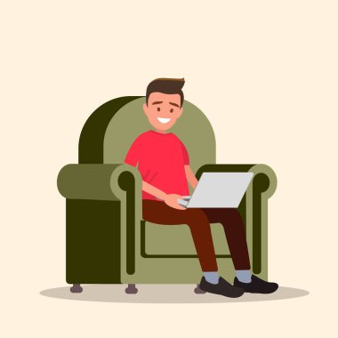 Bir sandalyede oturuyor el içinde belgili tanımlık laptop olan adam. Bağımsız çalışır. Düz bir tasarım vektör çizim.