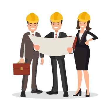 Proje Mühendisi müşteri ve Yüklenici görüşüyorlar. Düz stil vektör çizim.