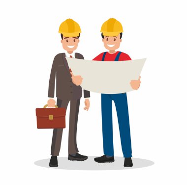 Mühendis ve foreman taslak yapı tartışmak. Düz bir stil vektör çizim.