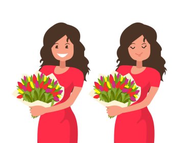 Bir buket çiçek tutan kadın ve onun kokusu nefes. Vektör çizim karikatür tarzı.