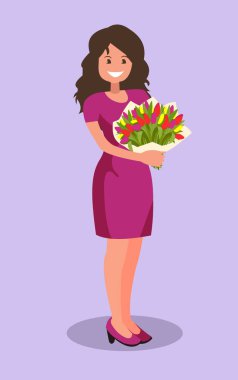Mutlu kız bir buket çiçek tutan. Tebrik ederim 8 Mart Kadınlar s gün veya Doğum günü. Vektör çizim karikatür tarzı.