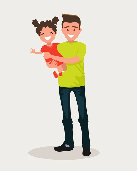 幸せなお父さんは 彼女の腕で娘を保持します フラット デザインのベクトル イラスト — ストックベクタ
