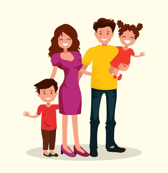 Mutlu bir aile. Baba, anne, oğul ve kız birlikte. Düz tasarımın vektör illüstrasyonu.