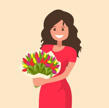 mutlu kız bir buket çiçek tutan.