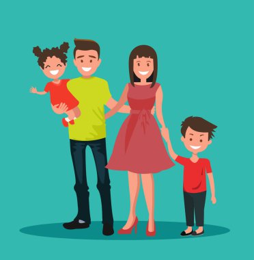 Mutlu bir aile. Baba, Anne, oğlu ve kızı birlikte. mutlu genç Aile