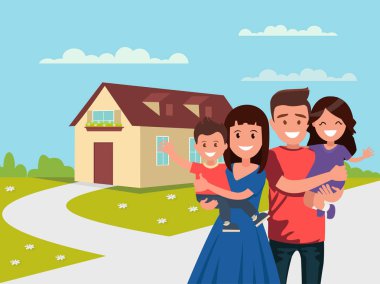 Evinin mutlu aile içinde belgili tanımlık geçmiş. Baba, Anne, oğlu ve kızı birlikte açık havada.
