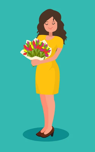Glückliches Mädchen mit einem Strauß Blumen. — Stockvektor