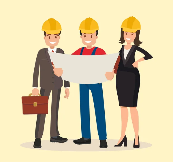 Engineer customer and contractor are discussing the project. — Stock Vector