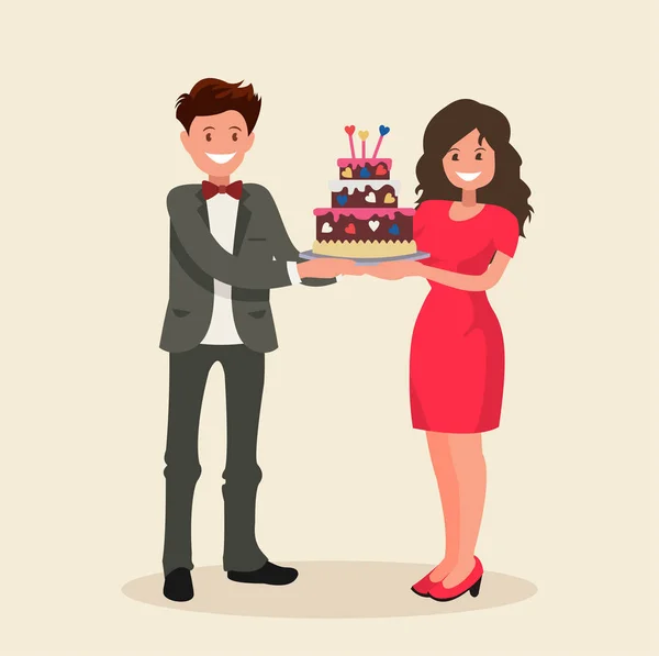 A man gives a woman a cake in honor of Valentine s day. — Stock Vector