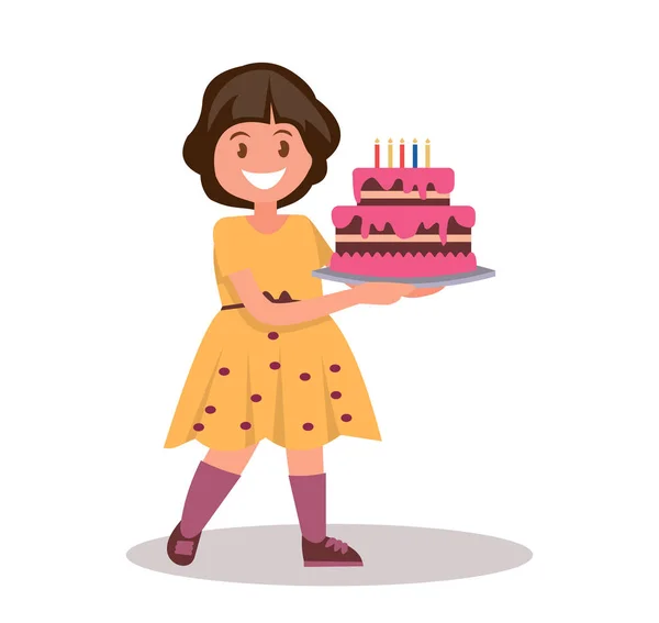 Children Birthday Girl Holding Large Cake Vector Illustration Flat Style — Stock Vector