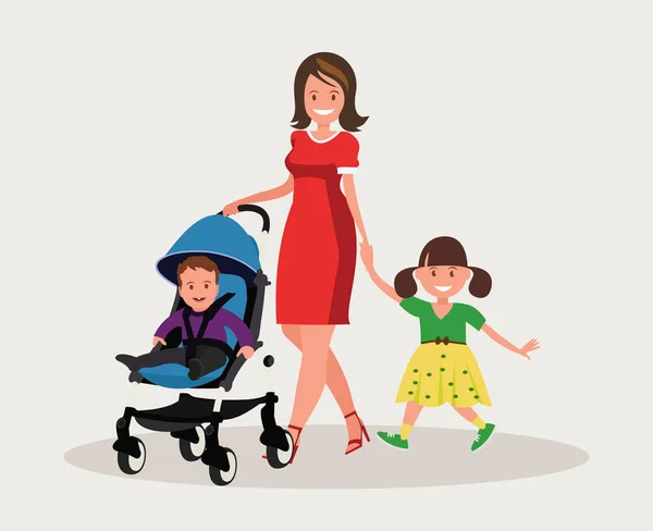 Moederschap. Gelukkig jonge moeder met haar dochter en een peuter in een kinderwagen. — Stockvector