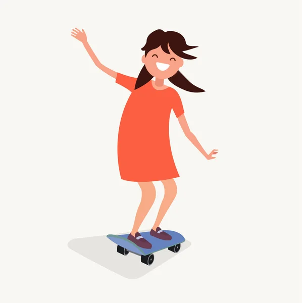Gadis itu naik skateboard. Ilustrasi vektor . - Stok Vektor
