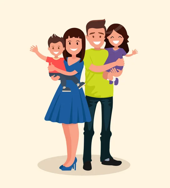 Baba, Anne, oğlu ve kızı. Ebeveynler çocukları tutuyor. Mutlu bir aile. Düz stil vektör çizim.