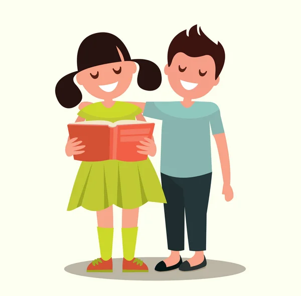 Tanulók Általános Iskola Iskolás Iskolás Együtt Egy Könyvet Olvasnak Egy — Stock Vector