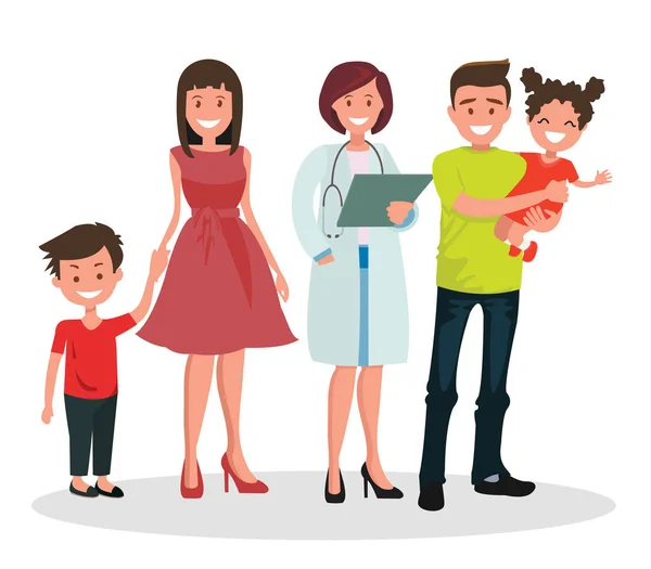 Diş hekimi ve gülümseyen onun hasta. Bir aile hekimi ya da bir doktor. Düz bir tasarım vektör çizim.