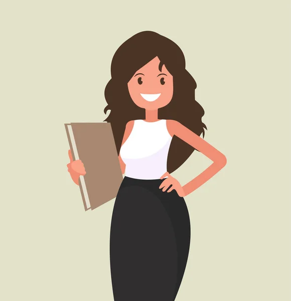 Beautiful Business Woman Folder Her Hands Vector Illustration Cartoon Style — Stock Vector