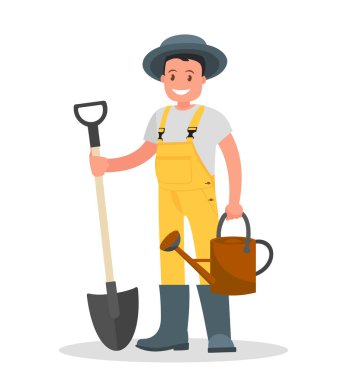 Bir kürek ve sulama olabilir beyaz bir arka plan üzerinde mutlu bahçıvan adamla.