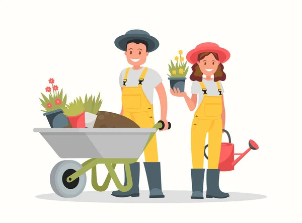 Man with wheelbarrow of earth, a woman holding a flower pot and watering can. — Stock Vector