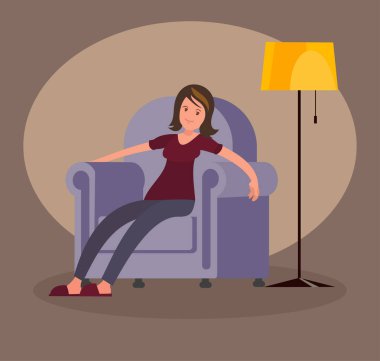 Yorgun kadın eve geldiğinde iş ve yumuşak bir sandalyede oturur.