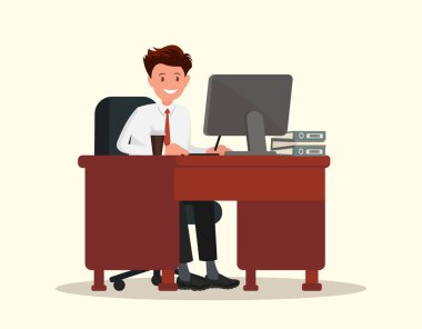 Office çalışan bir masaüstü arkasındaki adam. Vektör çizim.