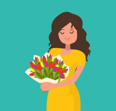 mutlu kız bir buket çiçek tutan.