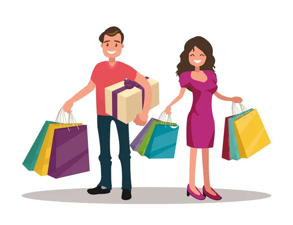 Joyeux couple familial avec shopping. Homme et femme avec des sacs. Grande vente . — Image vectorielle