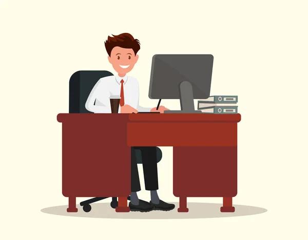 Office çalışan bir masaüstü arkasındaki adam. Vektör çizim.