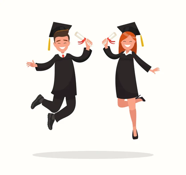 Guy y chica graduados universitarios alegremente rebotan . — Vector de stock