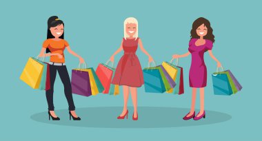 Alışveriş ile üç neşeli kadın. Büyük satış.