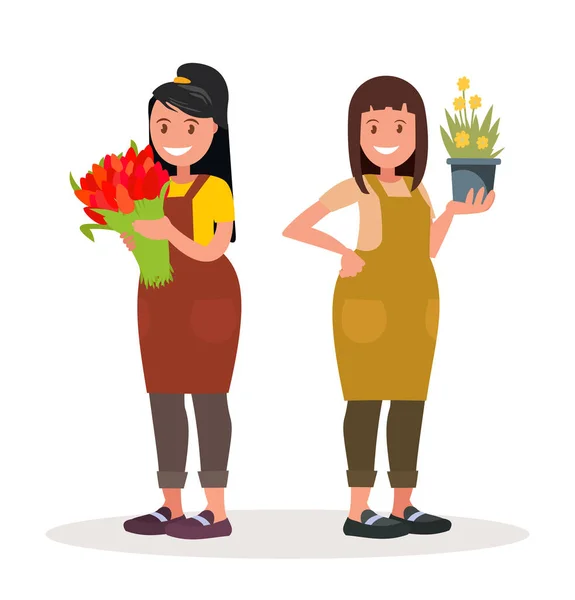 Wanita penjual bunga pekerja toko bunga. Ilustrasi vektor . - Stok Vektor