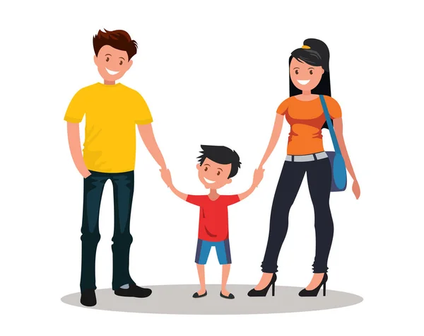 Szczęśliwa młoda rodzina. Ojciec, matka i syn trzymać się za ręce. — Wektor stockowy