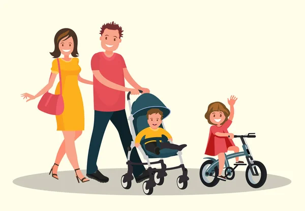 Mamá y papá con un bebé en un cochecito, y su hija montando una bicicleta . — Vector de stock