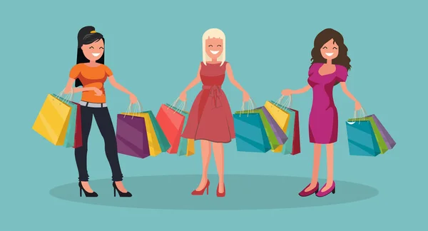Tres mujeres alegres con compras. Venta grande . — Vector de stock