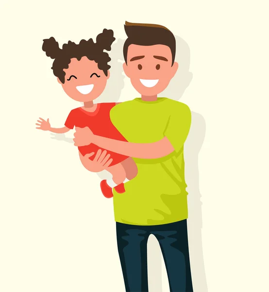 Papá feliz mantiene a su hija en sus brazos . — Vector de stock