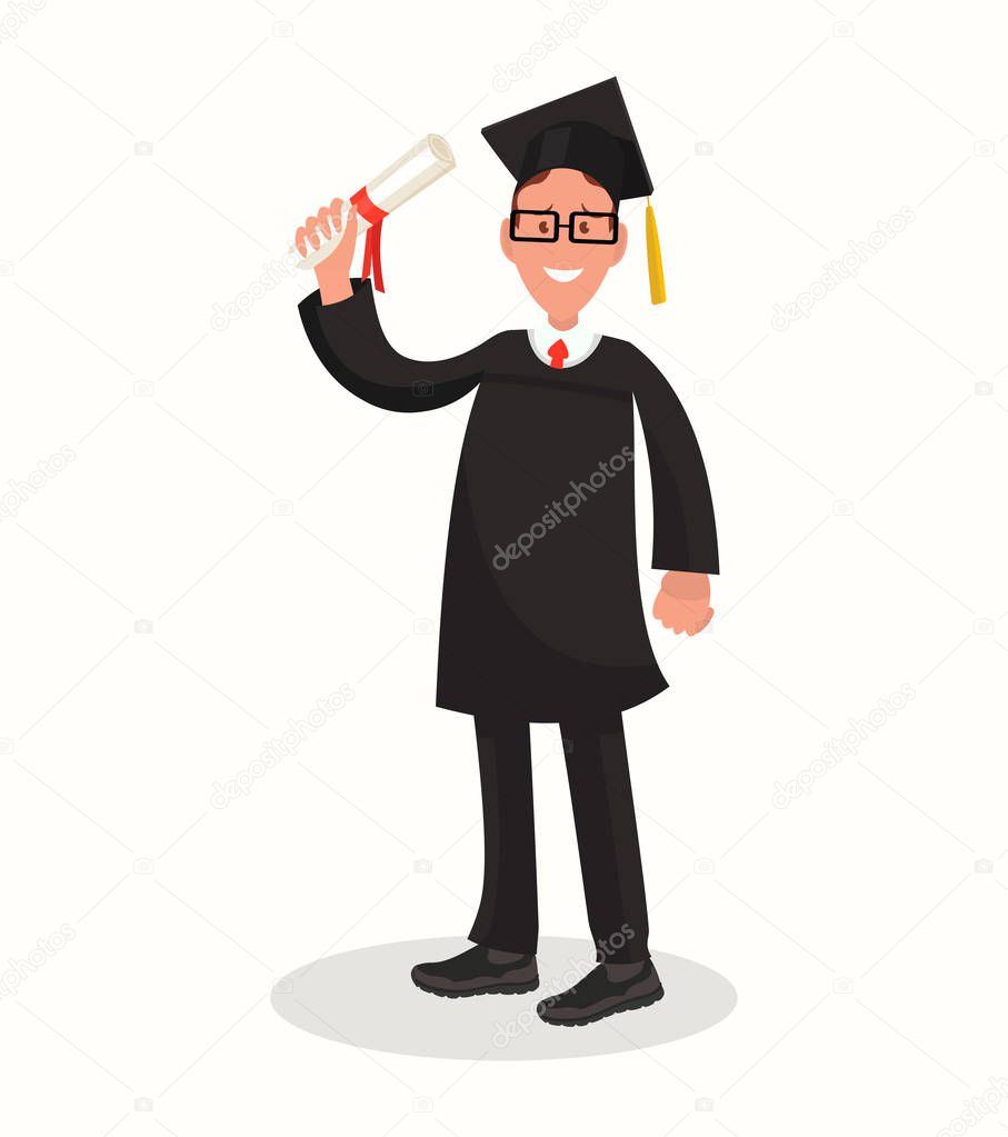 Happy guy university graduate in black gown.