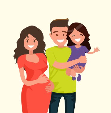 Genç, mutlu bir aile portresi. Baba, kızı ve hamile anne.