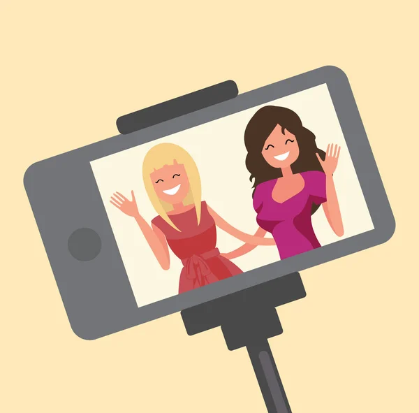 Gadis-gadis muda yang difoto bersama pada perangkat mobile . - Stok Vektor