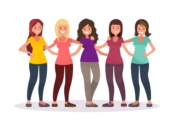 Amistad Femenina Grupo Mujeres Están Abrazando Ilustración Vectorial Estilo Plano — Vector de stock