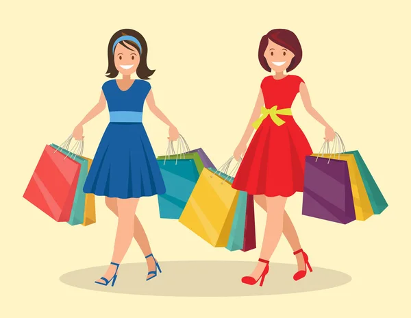 Deux femmes heureuses vont faire du shopping. Grande vente . — Image vectorielle