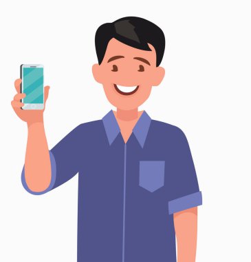 Adam telefonu gösteriyor. İnsanlar ve aletler.