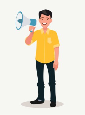 Neşeli adam bir bağırışa ya da megafona konuşur. İyi haber duyurusu.