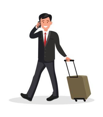 Havaalanında bavullu bir iş adamı telefonda konuşuyor..