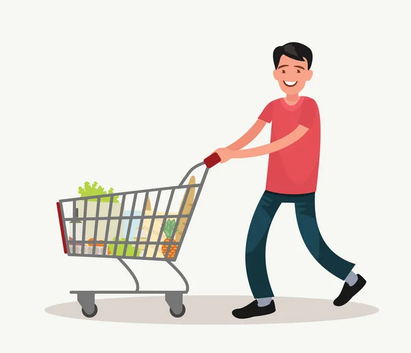 Man is carrying a grocery cart full of groceries in the supermarket. — Stock Vector