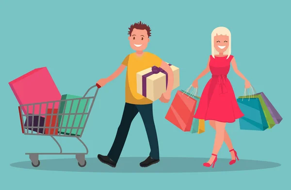 Familia feliz pareja con compras. Un hombre con una cesta y una mujer con los paquetes. — Vector de stock