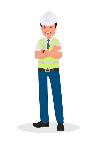 An engineer man wearing a hard hat and a protective vest. Foreman at the construction site. The factory worker, the chief. — Stock Vector