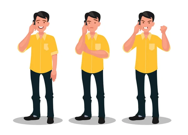L'homme parle au téléphone avec des émotions différentes. Enthousiaste, réfléchi, en colère. — Image vectorielle