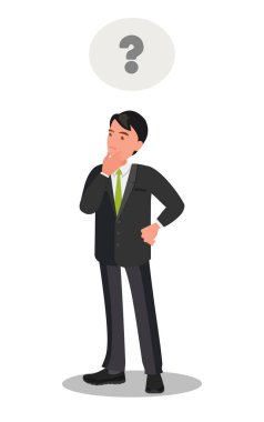 Düşünceli genç iş adamı. Düşünce balonunda soru işareti simgesi. Çizgi film stili vektör illüstrasyonunda duygu ve beden dili kavramı.